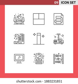 Piktogramm-Set mit 9 einfachen Linien des Beamers; Zauberstab, Planung; Magie; gasbearbeitbare Vectordesign-Elemente