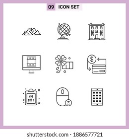 Pictogram Set of 9 Simple Outlines of flower; photo frame design; big; photo frame; house Editable Vector Design Elements