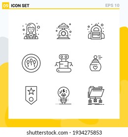 Pictogram Set of 9 Simple Outlines of robot; science; kitchen scale; medical; student Editable Vector Design Elements