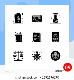 Pictogram Set of 9 Simple Solid Glyphs of check list; biology; tape; biochemistry; chemistry Editable Vector Design Elements