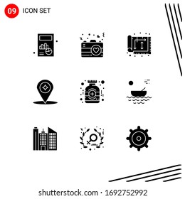 Pictogram Set of 9 Simple Solid Glyphs of bottle; navigation; architect; compass; interior Editable Vector Design Elements