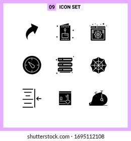 Pictogram Set of 9 Simple Solid Glyphs of security; hosting; online; timer; stopwatch Editable Vector Design Elements