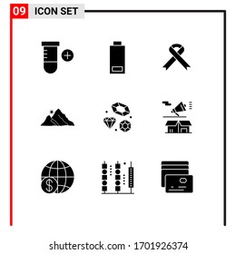 Pictogram Set of 9 Simple Solid Glyphs of heart; diamond; health; sun; hill Editable Vector Design Elements
