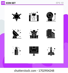 Pictogram Set of 9 Simple Solid Glyphs of insurance; space; bell; signal; astronomy Editable Vector Design Elements