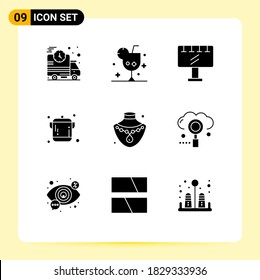 Pictogram Set of 9 Simple Solid Glyphs of jewelry; utensil; ice; kitchen; advertisement Editable Vector Design Elements