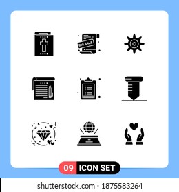 Pictogram Set of 9 Simple Solid Glyphs of screw; list; gear; clipboard; education Editable Vector Design Elements