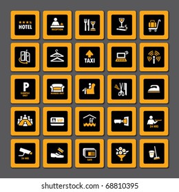 Pictogram Set For Hospitality Industry In Orange And White On Black