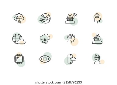 Pictogram set icon. Cloud storage, setting, chip, robot, analytics, eye, memory, processor, technology. Infographic concept. Vector line icon for Business and Advertising