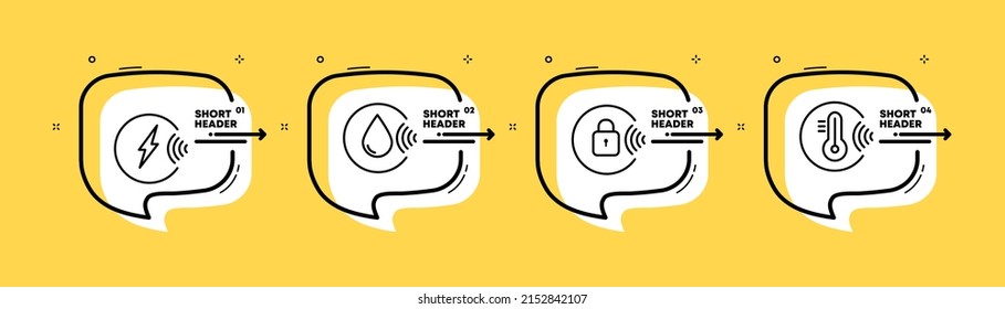 Icono de juego de pictogramas. Energía, relámpagos, caída de agua, bloqueo, contraseña, protección, temperatura. Salvemos el concepto del planeta. Escala de tiempo de infografía con iconos y 4 pasos.