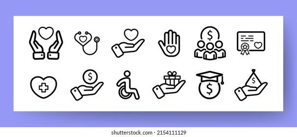 Pictogram Set Icon. Hand With A Heart And Money, Disabled Person, Heart, Award, Diploma, Care For Sick Children, Stethoscope. Health Care Concept. Vector Line Icon For Business And Advertising