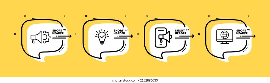 Pictogram Set Icon. Horn, Loudspeaker, Lamp, Gear, Monitor. Share, Report A Problem, Feedback. Infographic Timeline With Icons And 4 Steps. Vector Line Icon For Business And Advertising