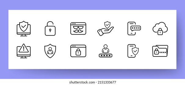 Pictogram Set Icon. Success, A Tick On The Monitor, An Incognito Tab, A Password, A Lock, Protection, Etc. Work With Computer Concept. Vector Line Icon For Business And Advertising.