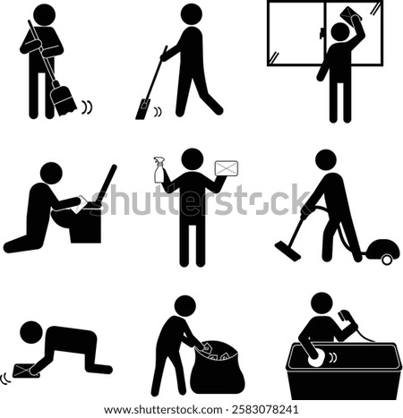 Pictogram set of people doing cleaning and housework