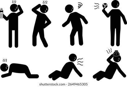Pictogram set of people suffering from heat stroke or heat