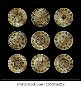 Pictogram set of unusual abstract luxury gold mandala. Template for creating logo, icon, symbol, emblem, monogram frame. Isolated monograms in linear trend style. Vector illustration