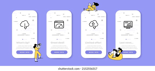 Piktogram-Symbol Seo, Speed Test, Buttons zum Hochladen und Herunterladen aus Cloud-Speicher. Datenanalyse. UI-Telefon-App-Bildschirme mit Menschen. Vektorsymbol für Business und Werbung.