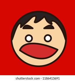 pictogram with shocked or amazed man saying eek! with wide open mouth & eyes while his face is expressing a deep shock from what he just saw or heard, simple colored emoticon, primitive vector art
