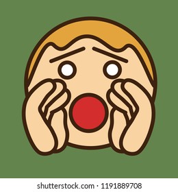 pictogram with shouting character that is folding his hands like loud-hailer to shout out loud, man calling for help using palms instead of loudspeaker, simple colored emoticon, primitive vector art