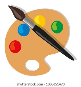 Pictogram showing a painter’s palette on a white background, with a brush and the four primary colors.