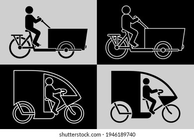 Pictogram of a silhouette of a figure on a cargo bike and on a tricycle available in 4 black or white images. 