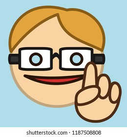 pictogram with smart guy with stereotypical nerd face in glasses that is pointing up while sharing some knowlege, geek with raised index finger expressing his point of view or giving an advice