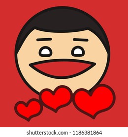 pictogram with smiling character showing his love with heart shaped flowers on a date, simple colored emoticon, ball like personage with thick outlines, eps 10 vector illustration