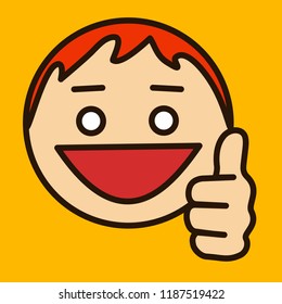 pictogram with smiling character that is showing a thumbs up gesture to express like or plus one social networks action, simple colored emoticon, circle shaped vector emoji in color