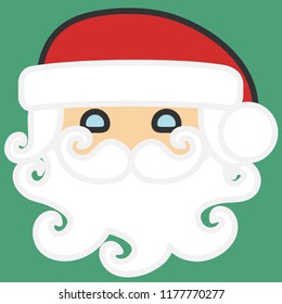 pictogram with smiling santa claus wearing a winter christmas hat and a fake beard, simple colored emoticon, circle shaped vector emoji in color, ball like personage with thick outlines