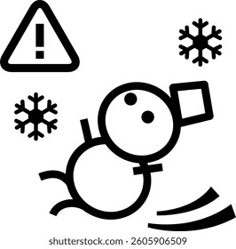 A pictogram of a snowman slipping and falling in the snow