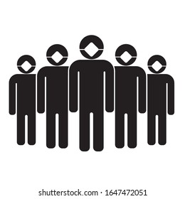 Pictogram standing crowd in a respirator masks. Vector icon.