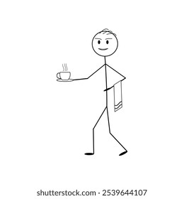 pictogram, stick man walking with a cup of coffee, smiling, friendly, carrying a cup of coffee, emotions, flat vector illustration