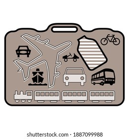 Pictogram of a suitcase decorated with various means of transport.