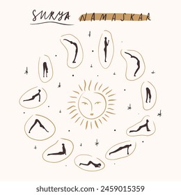 Pictogram of Surya Namaskar circle Sun yoga poses vector illustration, abstract figures line minimalistic poster. Minimal linear trendy icons composition for studio branding and more.