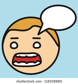 pictogram with talking character with a comic speech bubble, simple colored emoticon, circle shaped vector emoji in color, ball like personage with thick outlines