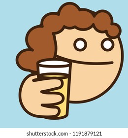 pictogram with thirsty curly man that is holding a glass of lime water or juice that he's going to drink, simple colored emoticon, circle shaped vector emoji in color