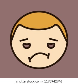 pictogram with tired guy with sad expression on his face, simple colored emoticon, circle shaped vector emoji in color, ball like personage with thick outlines, funny cartoon character from a set