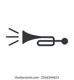 A pictogram of a trumpet, symbolizing noise, loud sound, simple and flat black, isolated glyph.