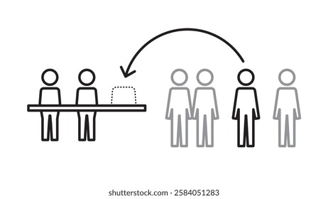 Pictogram of two customers in a queue and one customer in front and behind the other customers in order to let the single customer through first, Line width variable