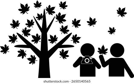 Pictogram of two people enjoying autumn leaves and an autumn tree