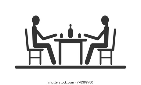 Pictogram two stick figure sitting at the table and to drink out of glasses. Flat vector illustration,eps 10.