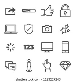 Pictogram vector icon set. Included the icons as sharing, loading, like, thumb up, lock, desktop, laptop, protect, camera, star, progress bar, number, feedback, message, mobile, diamond and more