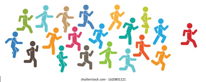 Pictogram vector illustration of running men in motion. People runner race, training to marathon and jogging. Healthy sport life.