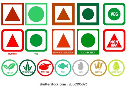 Pictogram of Veg, Non-Veg, Chicken, Fish, Egg, Keto Diet and Gluten Icon Vector symbol