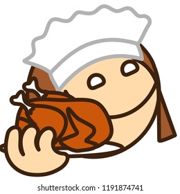 pictogram with waitress that is carrying a dish with fried chicken, woman dressed in a classic waiter outfit with hat bringing an order to the client, simple colored emoticon, primitive vector art