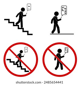 Pictogram Warning Signs: No Using Phones While Walking or on Stairs