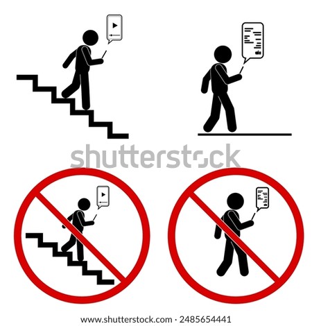 Pictogram Warning Signs: No Using Phones While Walking or on Stairs