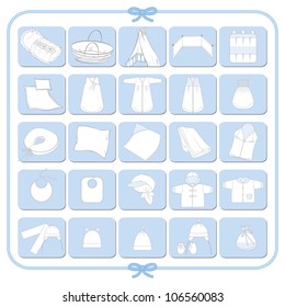 Pictogram of white baby dresses, light blue background, vector illustrations