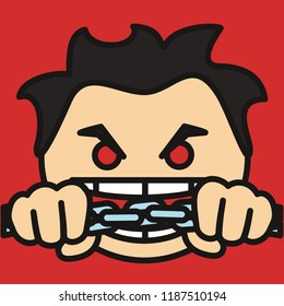 pictogram with wicked character that is holding & chewing a chain with teeth while having an evil grin or smile on his face & wild eyes & hair, simple colored emoticon, eps 10 vector illustration