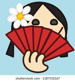 pictogram with woman or girl with a silk or paper hand fan that is peeping out with a smile on her face, simple colored emoticon, circle shaped vector emoji in color