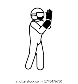 pictogram worker with protective face mask and gloves icon over white background, line style, vector illustration